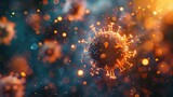 Fototapeta  - Virus Particle. Conceptual representation of a virus particle with a glowing, fiery appearance against a dark background.
