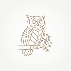 Wall Mural - simple modern owl bird standing on a tree branch line art icon logo template vector illustration design