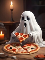 Wall Mural - cute ghost eating pizza