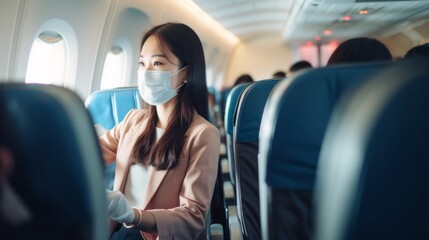 Canvas Print - A young Asian flight attendant in a mask serves food, drinks and talks to passengers on the plane. Airline service, Flights, Travel, Service, Transport, Aircrew, Profession Concepts.