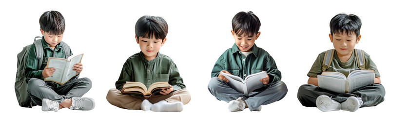 Set of asian kid boy holding book sitting on floor on transparent