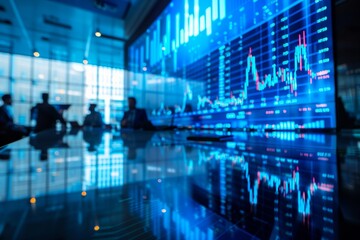 Poster - Blurry image of business professionals with overlay of stock market investment graph.
