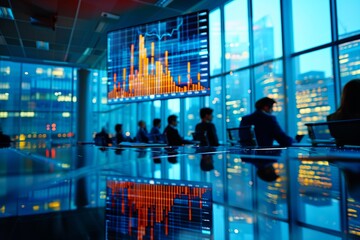 Poster - Business executives in a meeting with financial analysis data on digital screens.