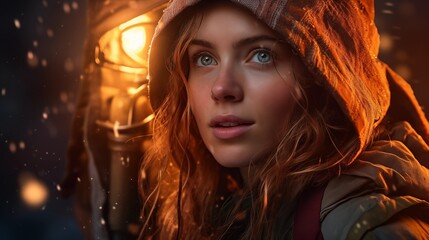 Woman in hood movie  adventure, blockbuster style, cinematic. Portrait with flame, sparks, with a bonfire in the background. Advertising of the travel clothing brand, hiking equipment