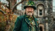 St. Patrick's Day. Portrait of a smiling man dressed in a traditional Irish costume with a green hat, celebrating St. Patrick's Day.