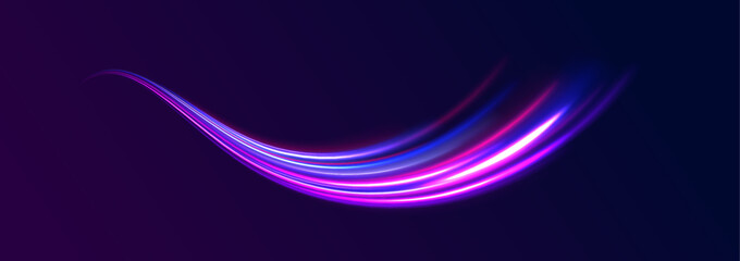 Poster - Purple glowing wave swirl. Light and stripes moving fast over dark background. Neon color glowing lines background, high-speed light trails effect.	