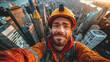 Daring worker in safety gear takes sunset selfie atop building, showcasing risky but essential maintenance work.generative ai