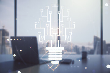 Poster - Double exposure of creative light bulb hologram with chip and modern desktop with laptop on background, idea and brainstorming concept