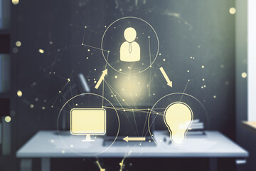 Poster - Double exposure of social network icons concept and modern desktop with laptop on background. Marketing and promotion concept