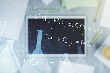 Poster - Creative chemistry concept and modern digital tablet on background, top view. Multiexposure