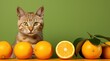 La tête d'un chat caché derrière des oranges, sur un fond vert, image avec espace pour texte.