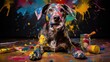 Un chien couvert de peintures colorées, regardant devant lui, taches et éclaboussures.
