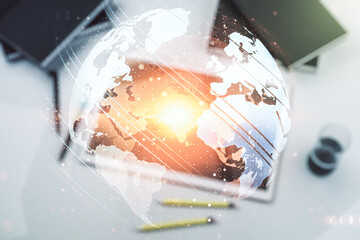 Poster - Multi exposure of abstract creative digital world map and modern digital tablet on background, top view, tourism and traveling concept
