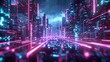 A digital cityscape emerges from the neon circuit lines and data streams