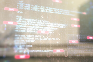 Aufkleber - Double exposure of abstract programming language interface on modern business center exterior background, research and development concept