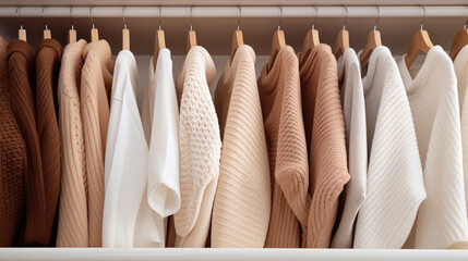 Wall Mural - Assortment of cozy knit sweaters in neutral tones hangs on hangers in closet