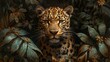 Artistic interpretation of a leopard against a backdrop of lush green foliage