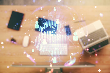 Poster - Social network media concept with world map and modern computer on background. Double exposure