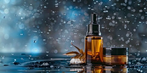 Wall Mural - A glass bottle of cosmetic serum and a jar of cream on water with drops.