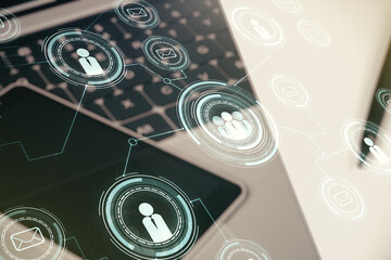 Poster - Double exposure of social network icons concept with computer on background. Networking concept