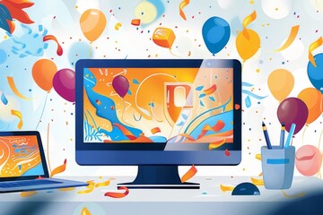 Canvas Print - Vibrant Office Celebration with Balloons and Confetti