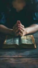 Wall Mural - Praying to God with bible on table