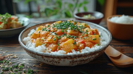 Curry and rice, traditional Japanese rice bowl.
