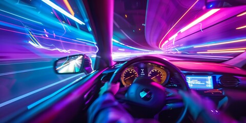 Wall Mural - driving in the night, futuristic synth-wave car in purple neon colours.