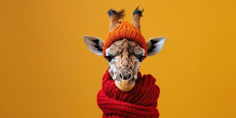 Poster - Giraffe in a warm scarf and hat