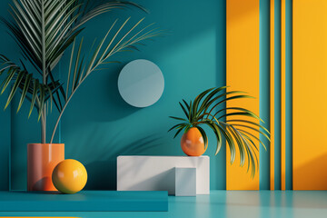 Aufkleber - abstract mock-up scene featuring geometric shapes and patterns in vibrant colors, arranged dynamically on a minimalist backdrop, with ample negative space for adding customized text or graphics