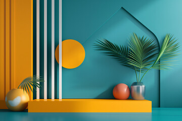 Aufkleber - abstract mock-up scene featuring geometric shapes and patterns in vibrant colors, arranged dynamically on a minimalist backdrop, with ample negative space for adding customized text or graphics