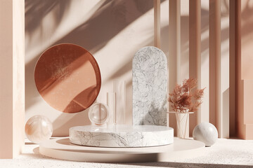 Aufkleber - abstract geometric mockup scene with a minimalist aesthetic, featuring a central design platform surrounded by geometric shapes in muted tones