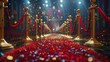 Glamorous red carpet event with golden stanchions and a shower of confetti