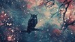 Whimsical Background with Owl in Night Theme and Stars for Scrapbooking and Journaling mixed Media Art Wallpaper created with Generative AI Technology
