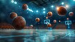 High-energy sports scene with basketballs in motion, captured in a shadowy, spotlit gym