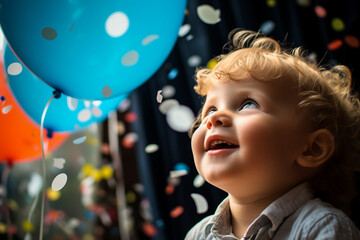 Poster - Generative AI portrait of happy cheerful boy celebrate birthday event cool party