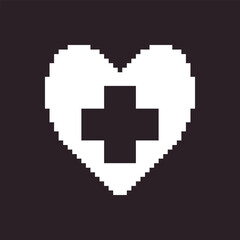 Wall Mural - black and white simple flat 1bit pixel art abstract medical cross inside heart icon