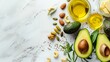 Assorted healthy fats with avocado, nuts, seeds, olive oil, blank space for text or design