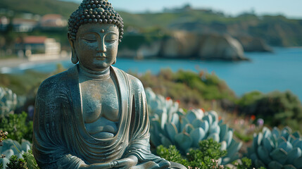 pray buddha statue with blurry background