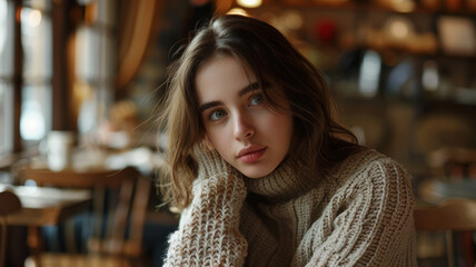 Poster - Young woman in a knitted sweater