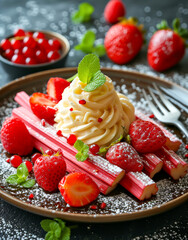 Wall Mural -  Rhubarb and Strawberry Dessert Plate. Summer dessert.