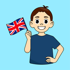 Boy smiling holding England flag. Language learning concept