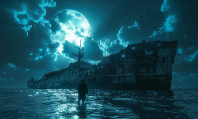 Wall Mural - Man walking on the water towards the abandoned ship in the middle of the ocean