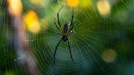 the spider is in the web with dense foliage background, blur background