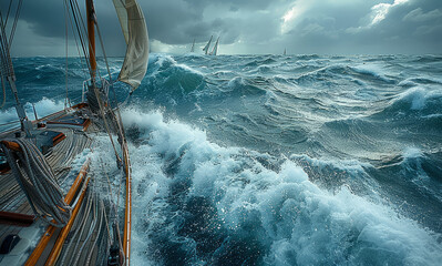 Wall Mural - Sailboat sailing in rough sea