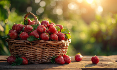 Wall Mural - Strawberries in basket in the garden