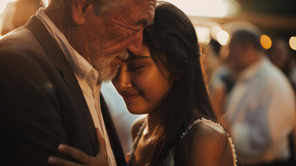 Sticker - Elderly father hugging sad daughter at wedding.