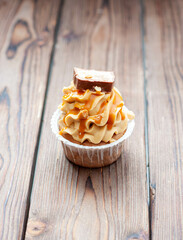 Wall Mural - Delicious chocolate cupcakes with peanut butter frosting, chocolate bites and salted caramel sauce on rustic wooden background
