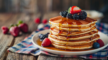 Wall Mural - Stack of homemade blueberry pancakes with honey.
