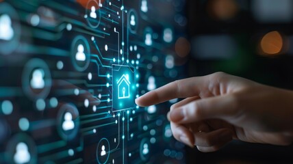 Poster - Close-up of a hand touching digital monitor with Smart Home Automation Control System. Futuristic innovative touchscreen for online control of smart home elements.